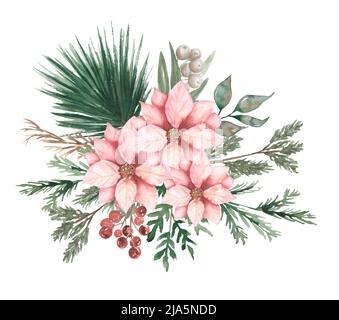 Aquarelle fleurs de Noël bouquet clipart, illustration de la bordure d'hiver, décor de vacances avec fleurs Poinsettia. Banque D'Images