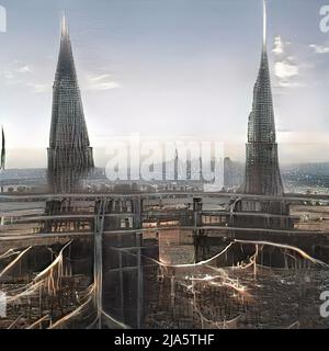 Illustration numérique abstraite; paysage futuriste sombre, scène post-apocalyptique. Banque D'Images