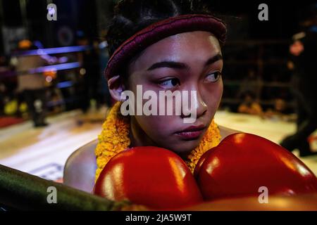 Nutthaya Namongkol, mieux connu sous le nom de Peem, se prépare dans le coin du ring de boxe avant le début d'un combat dans un tournoi thaï de Muay. Il y a des années, voir des femmes dans un ring Fighting (Muay Thai) en Thaïlande était presque inentendu de, à moins qu'il ne soit dans un combat cérémonial dans le temple local pendant la saison de fête. De nos jours, les choses changent et de plus en plus de femmes rejoignent le sport. La ville de Chiang Mai est l'épicentre de ce changement avec le soutien d'un promoteur local qui voit le sport comme un moyen de promouvoir l'égalité, et l'intérêt croissant dans le sport par les étrangers flo Banque D'Images