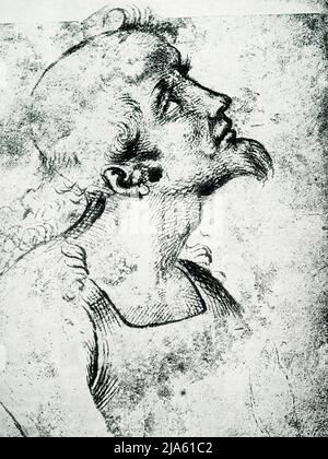 Ce dessin, Head in Profile, de Raphaël (1483-1520) est à l'Académie des Beaux-Arts de Venise. Le visage retourné peut être la tête de certains saint. Raffaello Sanzio da Urbino était un peintre et architecte italien de la haute Renaissance. Son œuvre est admirée pour sa clarté de forme, sa facilité de composition et la réalisation visuelle de l'idéal néoplatonique de grandeur humaine. Banque D'Images