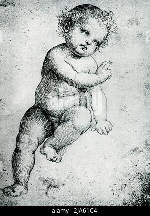 Ce dessin de Raphaël (1483-1520) est à l'Académie des Beaux-Arts de Venise. Il montre le Christ-enfant, avec la main levée comme si dans la bénédiction. Raphaël est particulièrement connu pour son dessin d'enfants. Raffaello Sanzio da Urbino était un peintre et architecte italien de la haute Renaissance. Son œuvre est admirée pour sa clarté de forme, sa facilité de composition et la réalisation visuelle de l'idéal néoplatonique de grandeur humaine. Banque D'Images