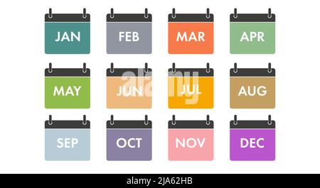 Icônes du calendrier annuel définies. Tous les douze mois avec les noms sous forme abrégée. Icônes de planification. Illustration vectorielle plate isolée sur blanc. Illustration de Vecteur