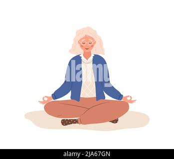 Exercice de yoga de sensibilisation à la respiration. Femme âgée pratiquant la respiration du ventre pour la détente. Méditation pour le corps, l'esprit et les émotions. Pratique spirituelle Illustration de Vecteur