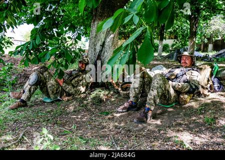 Verkhnokmayanske, Ukraine. 27th mai 2022. Les soldats se reposent sous les arbres. Verkhnokmayanske est une petite ville de la région de Donetsk. La ville souffre d'une pénurie de nourriture et de médicaments, de gaz, d'eau et d'électricité. Par conséquent, la première ligne se rapproche chaque jour de la ville et la plupart des civils ont fui. Crédit : SOPA Images Limited/Alamy Live News Banque D'Images