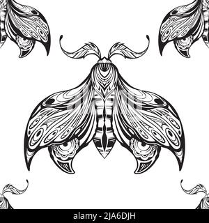 Motif vectoriel sans couture avec motif papillon et décoration boho. Texture monochrome avec papillon de nuit avec décoration de trasery. Nuance de tissu Illustration de Vecteur