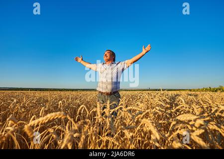 Heureux fermier fièrement debout dans le champ de blé. Agronome portant un uniforme d'entreprise, regardant la caméra sur les terres agricoles. Riche récolte de céréales cultivées c Banque D'Images