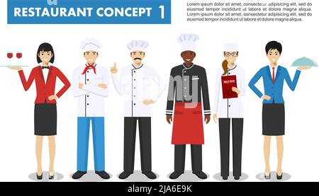 Illustration détaillée de chef cuisinier, homme et femme cuisiniers, sommelier et serveuse debout dans différentes positions dans le style plat isolé sur fond blanc Illustration de Vecteur