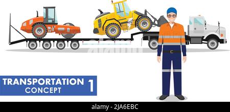 Illustration détaillée du véhicule de transport automatique, de la chargeuse sur pneus, du compacteur et du conducteur sur fond blanc et de style plat. Illustration de Vecteur