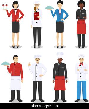 Illustration détaillée de chef cuisinier, homme et femme cuisiniers, sommelier et serveuse debout dans différentes positions dans le style plat isolé sur fond blanc Illustration de Vecteur