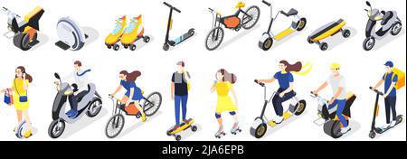 Ville moderne personnel ECO transport icônes isométriques ensemble de planches à roulettes bicyclettes gyro scooters véhicules électriques illustration vectorielle Illustration de Vecteur