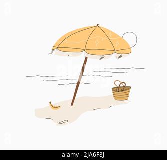 Dessin à la main vecteur résumé stock graphique été bande dessinée, dessin minimaliste illustrations, avec beau parapluie boho et pique-nique sur tropical Illustration de Vecteur