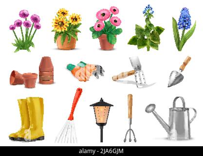 Jardin réaliste fleurs plantes et outils ensemble avec icônes isolées images de matériel de jardinage et fleurs illustration vectorielle Illustration de Vecteur