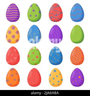 Ensemble d'œufs de Pâques colorés, isolés sur un fond blanc. Vacances de printemps. Joyeux œufs de pâques. Célébration saisonnière. Illustration de Vecteur