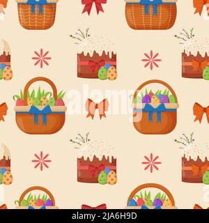 Gâteau de Pâques avec œufs colorés et panier en osier sans couture. Vacances de printemps. Joyeux œufs de pâques. Célébration saisonnière. Illustration de Vecteur