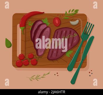 Steak de bœuf grillé. Plats de barbecue. Illustration vectorielle plate. Illustration de Vecteur