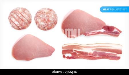 Ensemble de viande réaliste avec des images isolées de produits de viande saucisse tranches steaks bacon et texte modifiable illustration vectorielle Illustration de Vecteur