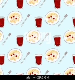 Motif sans couture avec assiette Illustration dessert vareniki et compote de fruits Illustration de Vecteur