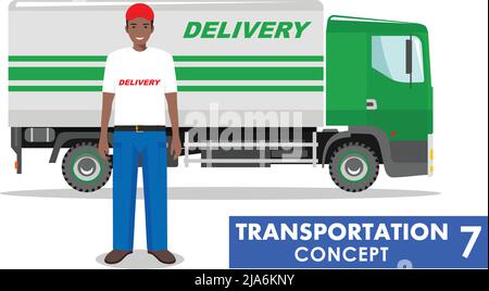 Illustration détaillée d'un camion de livraison et d'un conducteur afro-américain sur fond blanc et de style plat. Illustration de Vecteur