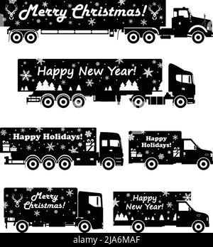 Illustration détaillée du camion de livraison de Noël et du livreur tenir la boîte sur fond blanc dans le style plat. Illustration vectorielle. Illustration de Vecteur