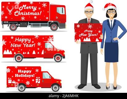 Illustration détaillée de la livraison de Noël les camions rouges et le livreur tiennent la boîte sur fond blanc dans le style plat. Hommes d affaires et femmes d affaires Illustration de Vecteur