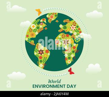 Thème fleuri de la Journée mondiale de l'environnement joli motif affiche. Terre abstraite ornée recouverte de fleurs colorées, de feuilles, de brindilles. Aimer et protéger l'environnement Illustration de Vecteur