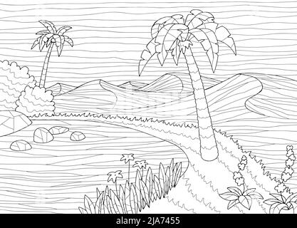 Oasis colorant désert graphique noir blanc paysage illustration vecteur Illustration de Vecteur