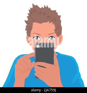 Le gars parle sur un lien vidéo ou prend une photo au téléphone. Vectoriel, fond blanc Illustration de Vecteur