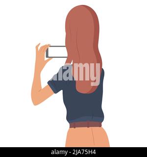 La fille prend une photo au téléphone. Vectoriel, fond blanc Illustration de Vecteur