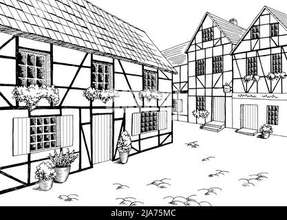 Vieille Europe Street Road Graphic noir blanc ville paysage esquisse illustration vecteur Illustration de Vecteur