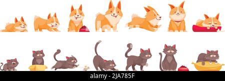 Animaux de compagnie stades de croissance ensemble d'icônes isolées personnages de dessin animé de chat et de chien à l'illustration de vecteur d'âge différent Illustration de Vecteur