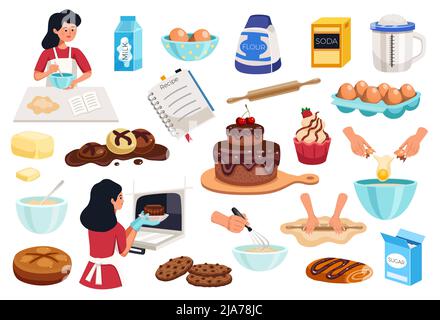 Ingrédients de cuisine maison icônes colorées ensemble avec farine sucre sel beurre oeufs lait cannelle vanille illustration vectorielle isolée Illustration de Vecteur