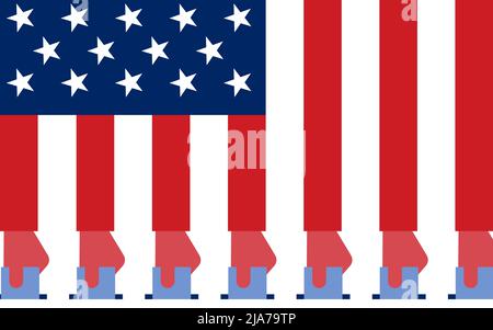 Des bandes de drapeaux des États-Unis sont des mains tenant des bulletins de vote. Illustration conceptuelle des élections AUX ÉTATS-UNIS. Banque D'Images