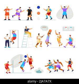 Stade de sport avec des personnages humains plats de jouer des athlètes avec l'entraînement et des endroits pour l'illustration de vecteur d'arbitre Illustration de Vecteur