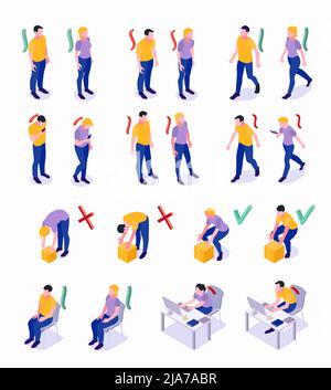 Mauvaise posture correcte maintien avec un bon alignement des parties du corps marche assise soulèvement d'objets illustration isométrique ensemble Illustration de Vecteur