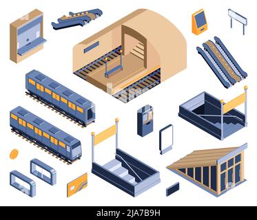 Métro métro métro souterrain transport ferroviaire ensemble isométrique avec escalier d'entrée de sortie escalator carte de billet d'autocar illustration vectorielle Illustration de Vecteur