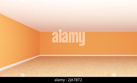 Chambre orange non meublée, vue sur l'angle frontal. Décoration intérieure avec murs orange clair, plafond blanc, parquet et plinthe blanche. 3D illustration, 8K Ultra HD, 7680 x 4320, 300 dpi Banque D'Images