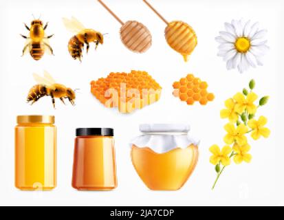 Ensemble réaliste miel avec icônes isolées de cuillères peigne et fleurs avec abeilles et plein bocaux illustration vectorielle Illustration de Vecteur