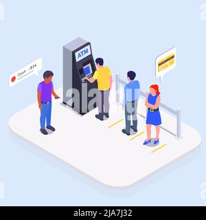 Les personnes utilisant des interfaces de composition isométrique de couleur file d'attente à l'ATM pour retirer l'illustration de vecteur d'argent Illustration de Vecteur