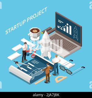 Projet de démarrage concept isométrique avec descriptions et analystes de marketing sur le travail et avec équipement et outils illustration vectorielle Illustration de Vecteur