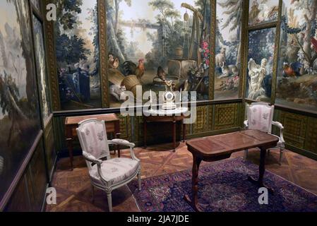Le Musée Carnavalet est l'un des plus anciens musées de Paris depuis sa création en 1880 : sa collection, qui comprend plus de 610 000 objets rares, raconte l'histoire de la capitale française, de l'Antiquité au 20th siècle. Le musée consacré à l'histoire de Paris et situé au coeur du Marais, est en travaux de rénovation depuis plus de 4 ans. Dans cette photo: Salon Demarteau 1765 - 1770, ces peintures décorent les murs de l'appartement du graveur Gilles Demarteau , rue de la Pelerie sur l'Ile de la Cité. Paris, France, le 28 mai 2022. Photo de Patrice Pierrot/ABACAPRESS.COM Banque D'Images