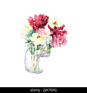 Bouquet abstrait de pivoines blanches et bordo avec feuilles dans vase en verre isolé sur blanc. Aquarelle. Fleurs d'été Banque D'Images