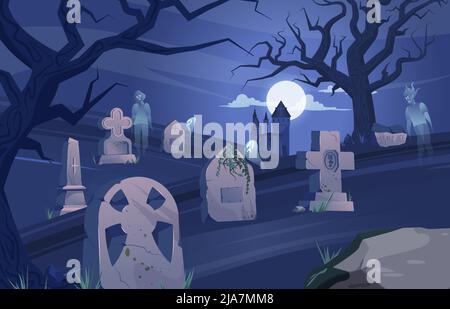 Cimetière pierre tombale composition d'halloween ancien cimetière à la nuit des fantômes flottent au-dessus de l'illustration vectorielle des tombes Illustration de Vecteur