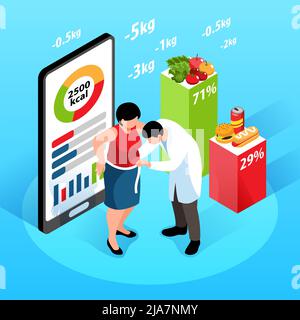 Illustration vectorielle de l'arrière-plan isométrique nutritionniste avec symboles de poids perdant Illustration de Vecteur