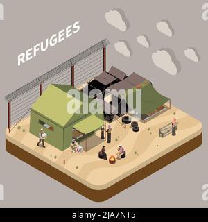 Réfugiés composition isométrique avec des personnes vivant dans le camp d'immigration clôturé avec illustration de vecteur barbelé Illustration de Vecteur