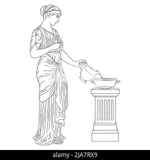 Une jeune femme grecque ancienne et mince en tunique avec une carafe versant de l'eau dans un bol. Figure isolée sur fond blanc. Illustration de Vecteur