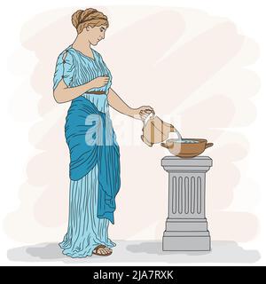 Une jeune femme grecque ancienne et mince en tunique avec une carafe versant de l'eau dans un bol. Illustration de Vecteur