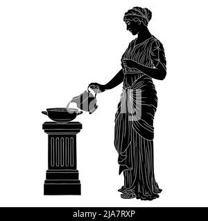 Une jeune femme grecque ancienne et mince en tunique avec une carafe versant de l'eau dans un bol. Figure isolée sur fond blanc. Illustration de Vecteur