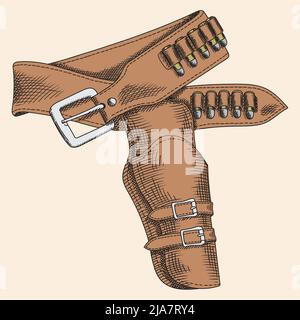 Ceinture de cowboy et étui revolver vide isolé sur fond beige. Illustration de Vecteur