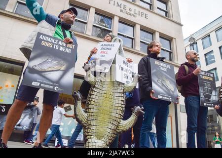 Londres, Royaume-Uni. 28th mai 2022. Des militants des droits des animaux se sont rassemblés devant le magasin Hermes de Bond Street pour protester contre l'utilisation de crocodiles et d'autres peaux d'animaux dans les produits de la marque de mode. Credit: Vuk Valcic/Alamy Live News Banque D'Images