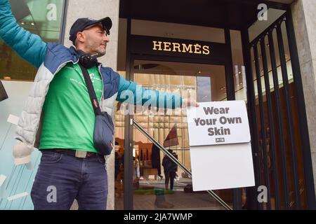 Londres, Royaume-Uni. 28th mai 2022. Des militants des droits des animaux se sont rassemblés devant le magasin Hermes de Bond Street pour protester contre l'utilisation de crocodiles et d'autres peaux d'animaux dans les produits de la marque de mode. Credit: Vuk Valcic/Alamy Live News Banque D'Images